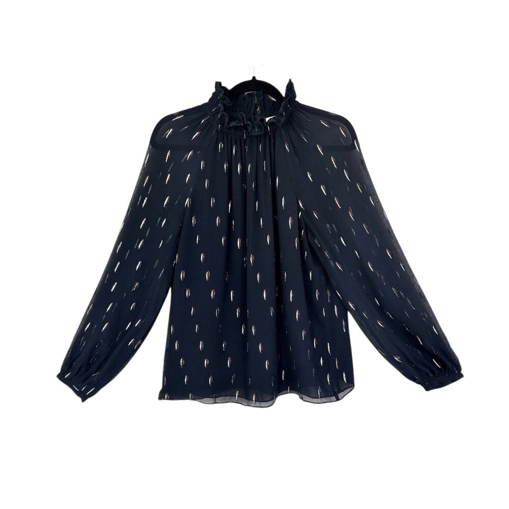 Rebecca Taylor Metallic Mock Neck Silk Long Sleeve Top